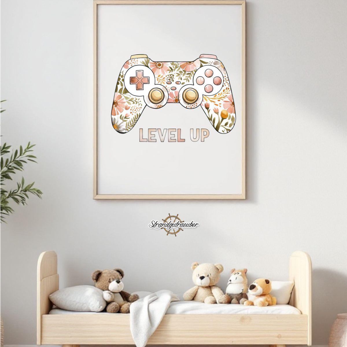 Buegelbild Level Up - Controller mit Blumen